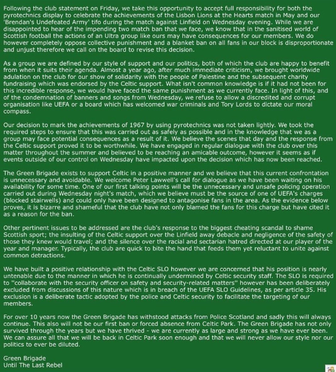 Green Brigade statement