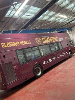 What goes beep, beep, beep, beep, beep? The Hearts open top Champions bus reversing back into garage.